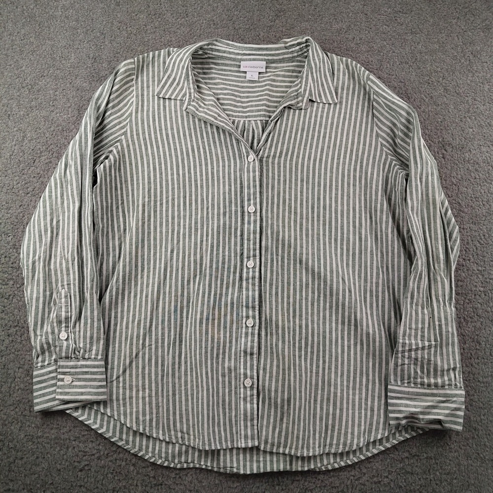 Liz Claiborne Linen Blend Button Up Shirt Sz XL Striped Green White Long Sleeve